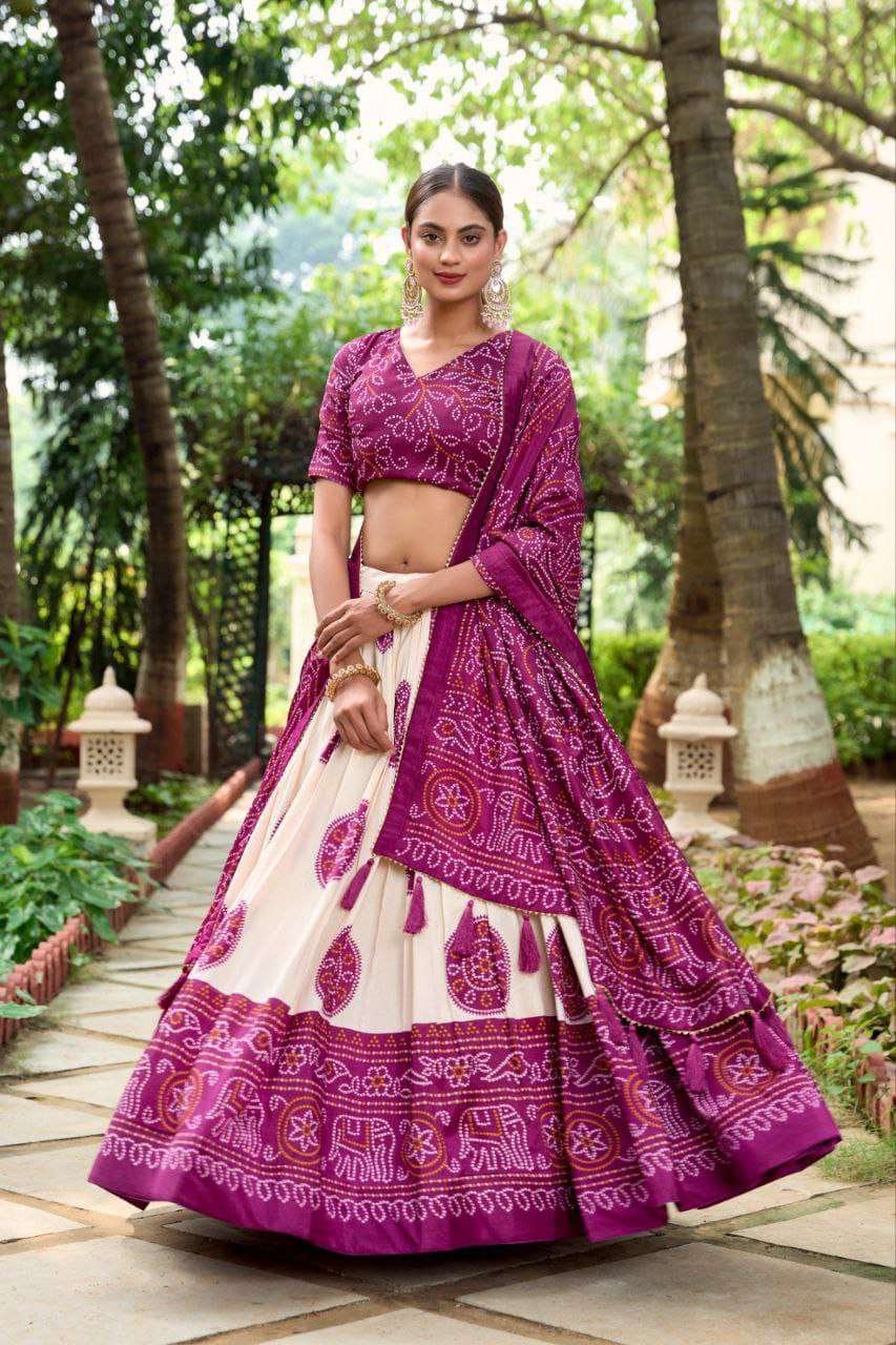 White Dola Silk Lehenga Choli with Purple Blouse & Dupatta | Bandhej & Patola Print | Wedding & Festive Wear
